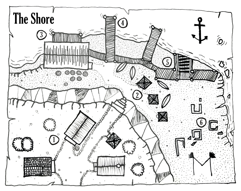 Black and white inked map with The Shore as the title in the top left. The map is a top-down illustration of a seaside setting. There are 6 points of interest on the map.